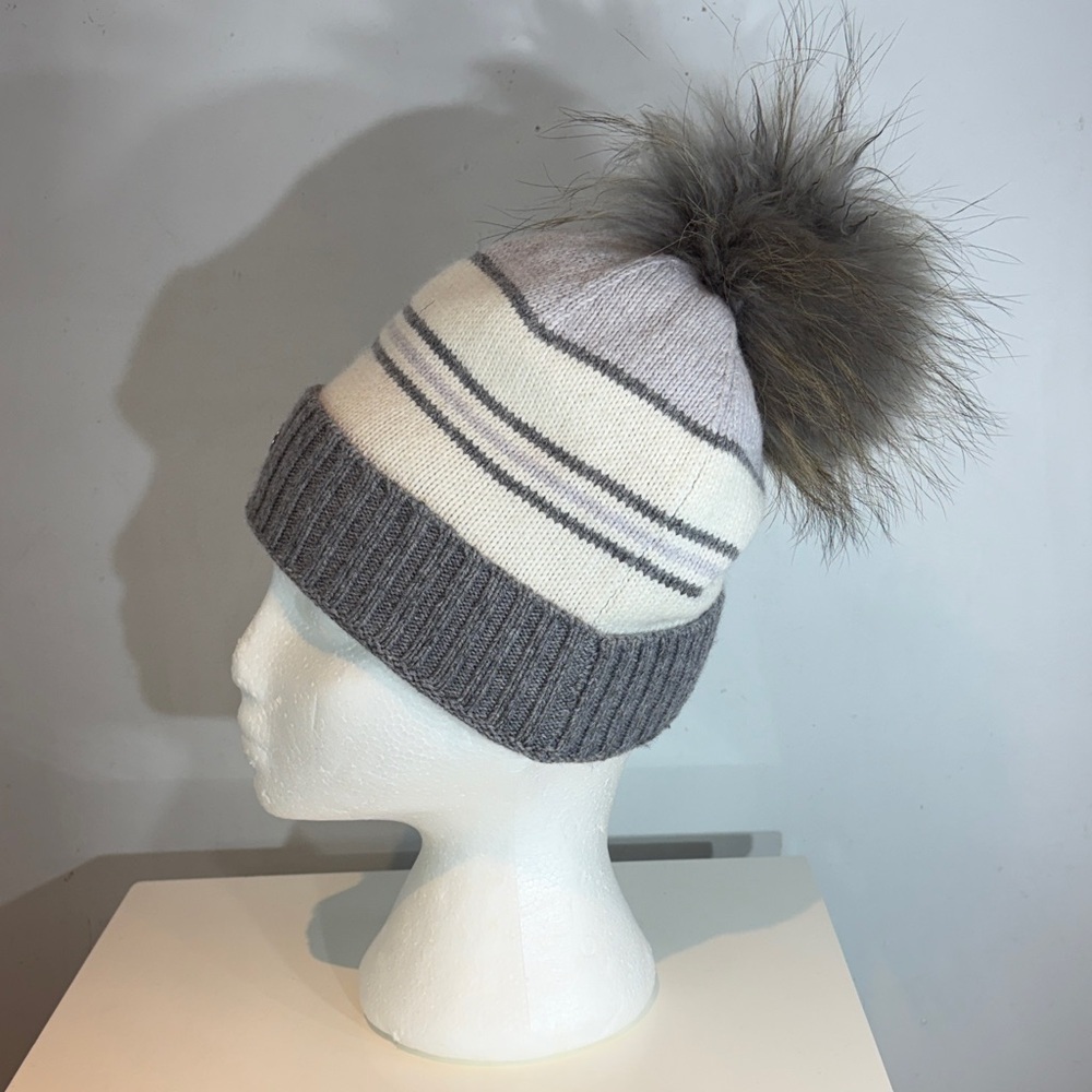 Chaos striped knit beanie genuine fur pom pom fleece lined NWOT